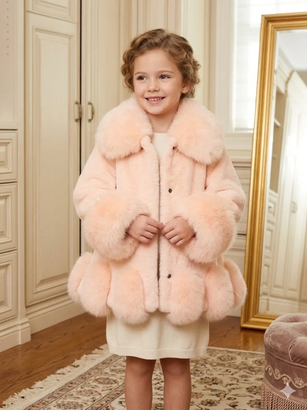 Girls Plush Faux Fur Coat in Light Pink size 5-6t